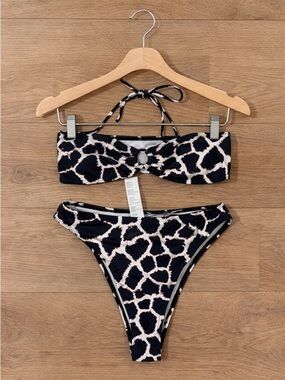 Nasty Gal Black and Cream Giraffe Print Bandeau Bikini Set